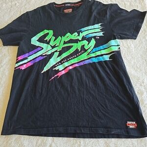Superdry Mens XL T-Shirt Black Short Sleeve Neon Graphic Oversized Fit Y2K Vibes